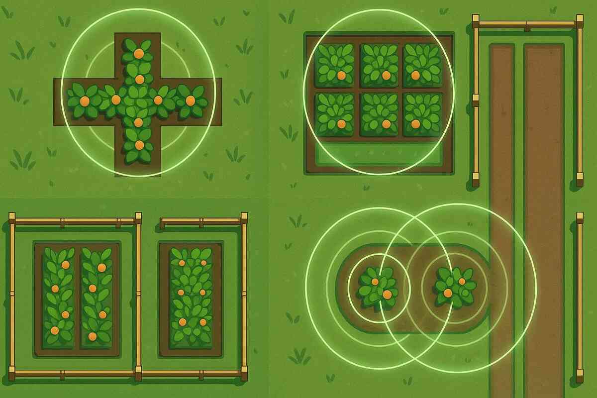 Clean illustrated planting patterns with range circles—cross layout vs block layout vs fenced lanes, efficiency obsession, smart optimization thrill, “maximize the odds” energy