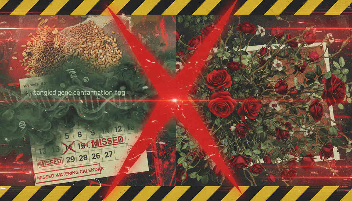 Hazard warning collage with giant red X—contaminated genes, missed watering calendar, tangled overcrowded roses, pure panic and regret, “weeks wasted” nightmare scenario