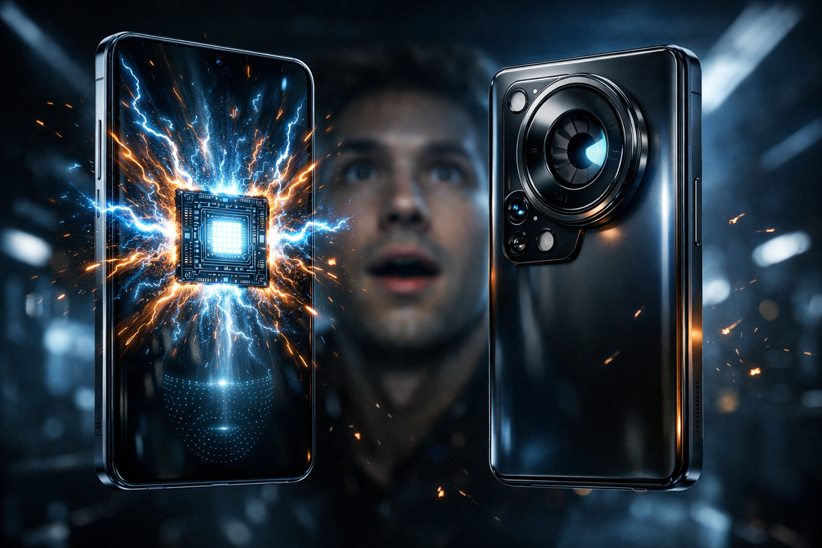 Jaw-dropping upgrade reveal—two unbranded Pro phones face off, a lightning-charged chipset bursts with power, oversized pro-grade camera flex, stunned awe and “this changes everything” energy