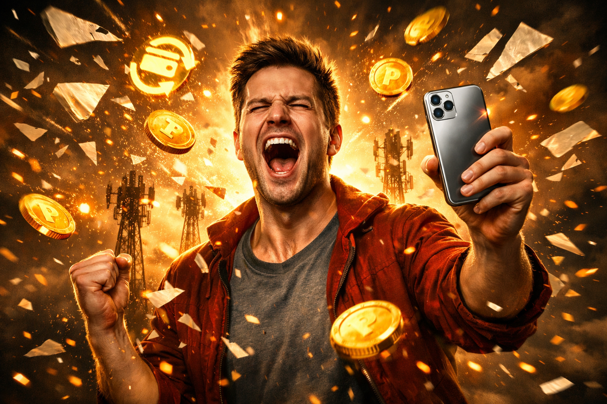 Cashback jackpot euphoria—fist-pump scream, points coins and shattered price tags fly through the air, phone held like a trophy, wild savings adrenaline and instant-win vibes