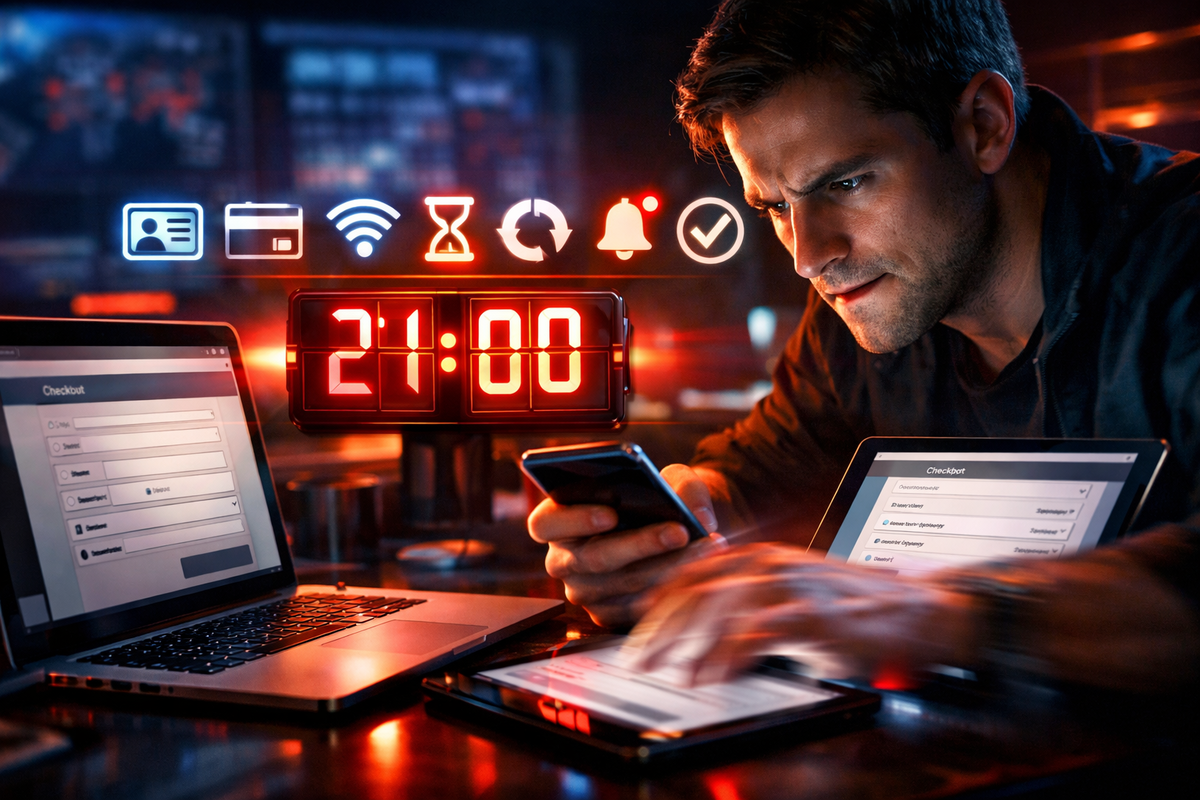 Checkout war-room intensity—laptop + tablet + phone in motion, red 21:00 countdown glowing, rapid-fire taps and checklist icons, laser-focused determination to beat the rush