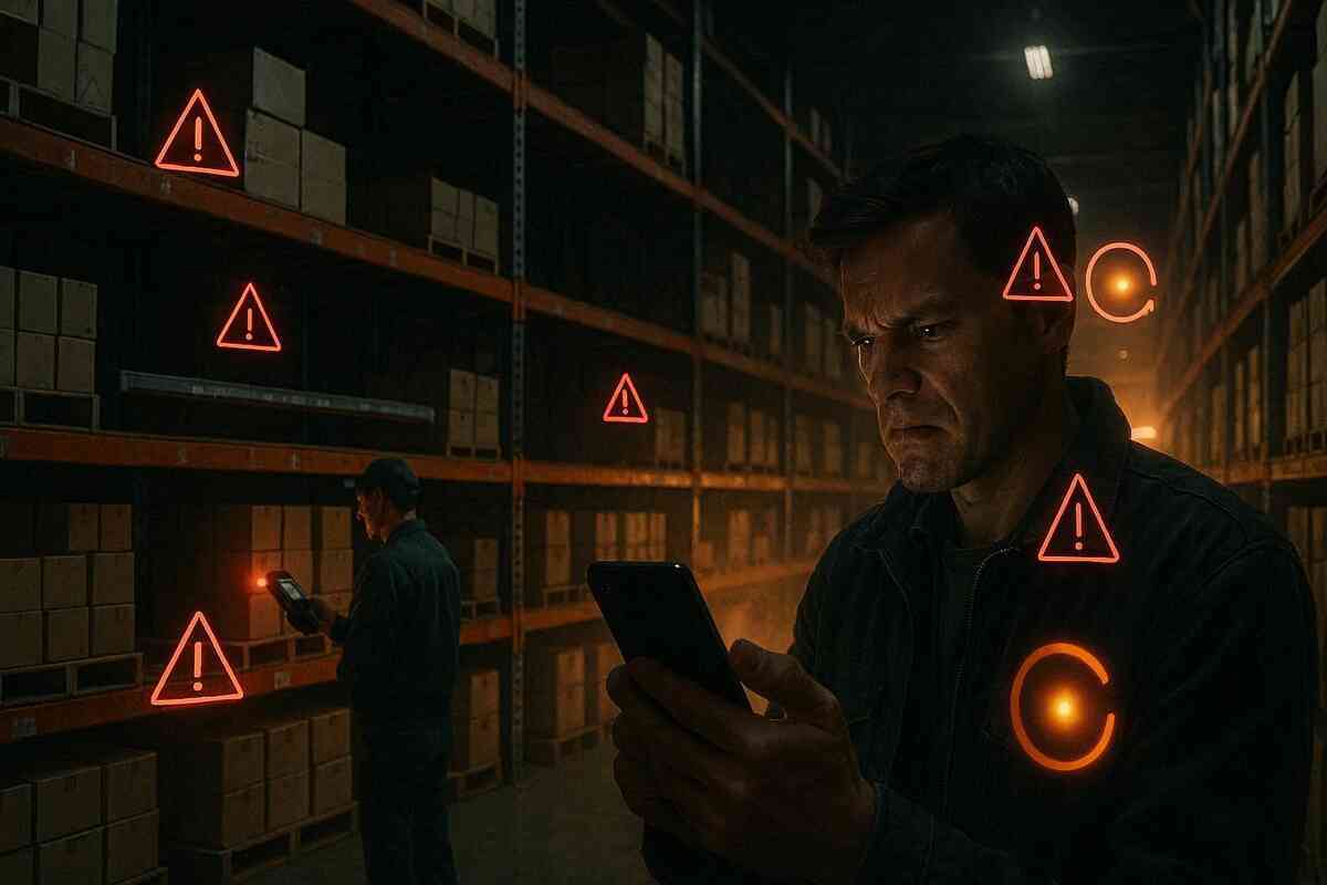 Inventory nightmare realism—dark warehouse aisles of boxes, warning symbols everywhere, a tense face refreshing stock on a phone, restock-hunt anxiety and “don’t miss it” dread