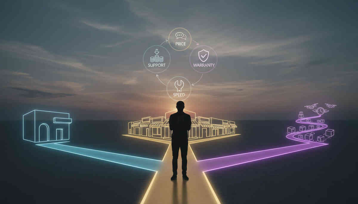 Brutal choice moment—silhouette at a glowing three-way crossroads (store vs carrier vs delivery), icons for price/support/warranty/speed overhead, conflicted tension turning into decisive clarity