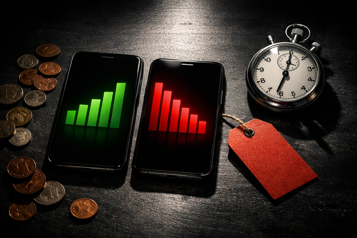 Price-war showdown on a dark desk—two phones with green climb vs red drop charts, scattered coins, a blank discount tag, and a ticking stopwatch fueling last-chance deal-hunt adrenaline