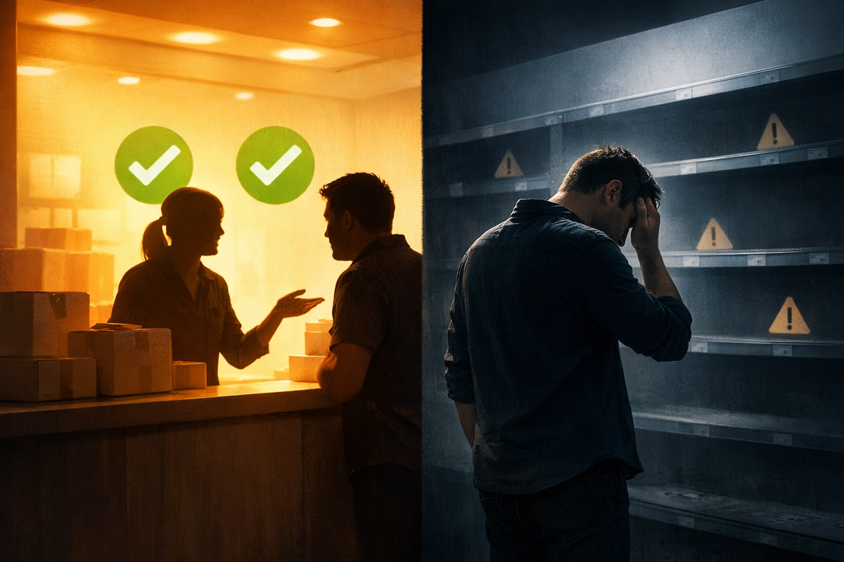 Hope vs heartbreak split-scene—warm pickup counter with reassuring green checks and helpful silhouettes, crushed buyer in cold aisle facing empty shelves and warning signs, raw regret and relief colliding