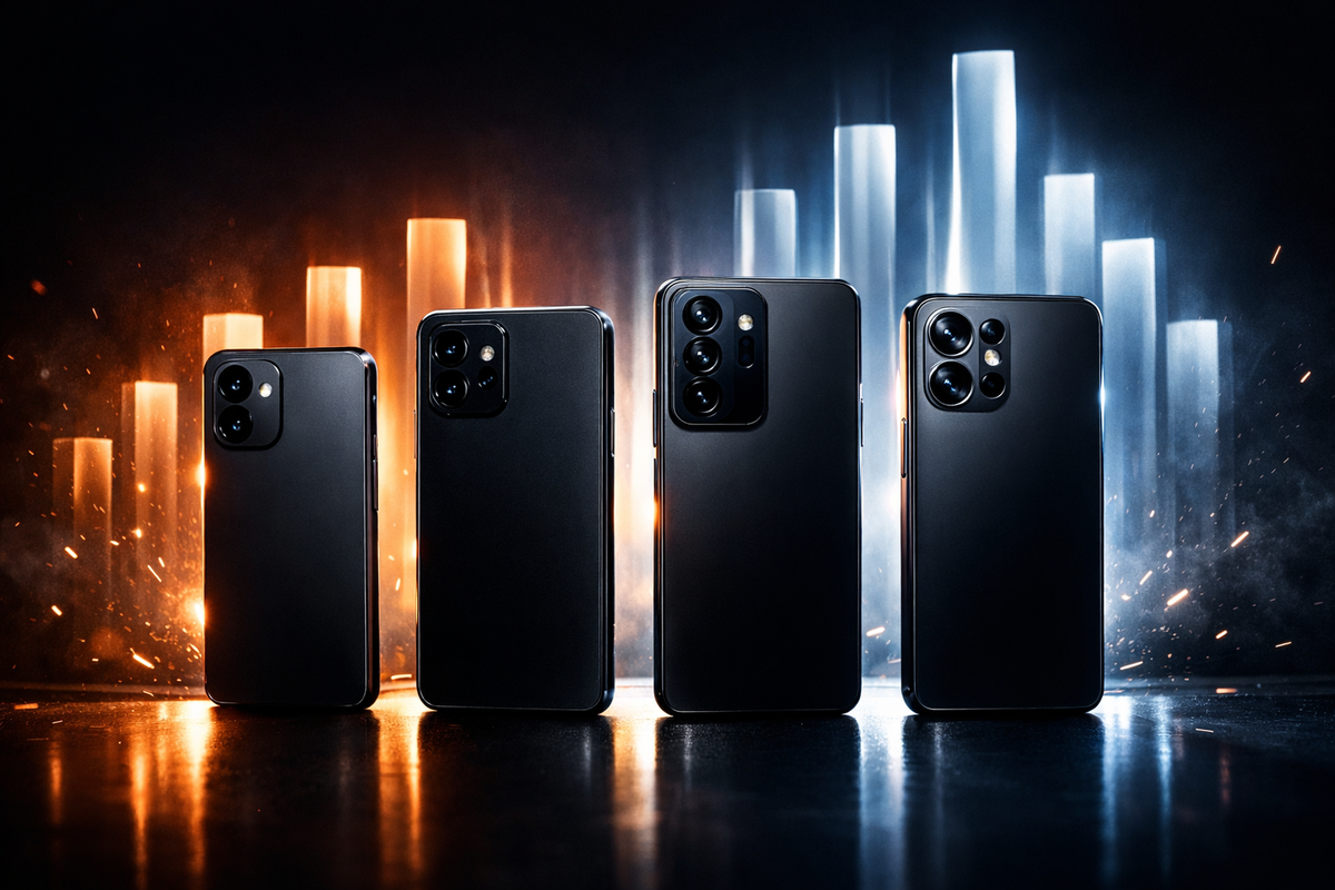 Four flagship silhouettes in a power lineup—towering performance bars glowing behind them, sparks in the air, intense head-to-head rivalry vibe that screams “choose your winner”