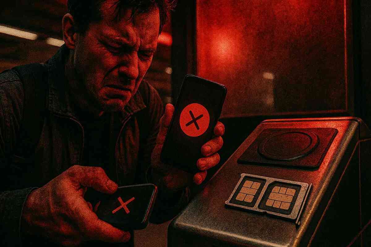 Payment denied nightmare—furious commuter under harsh red light, phone screaming a giant X beside a dead terminal and SIM cards, pure rage, panic, and “why now?” despair