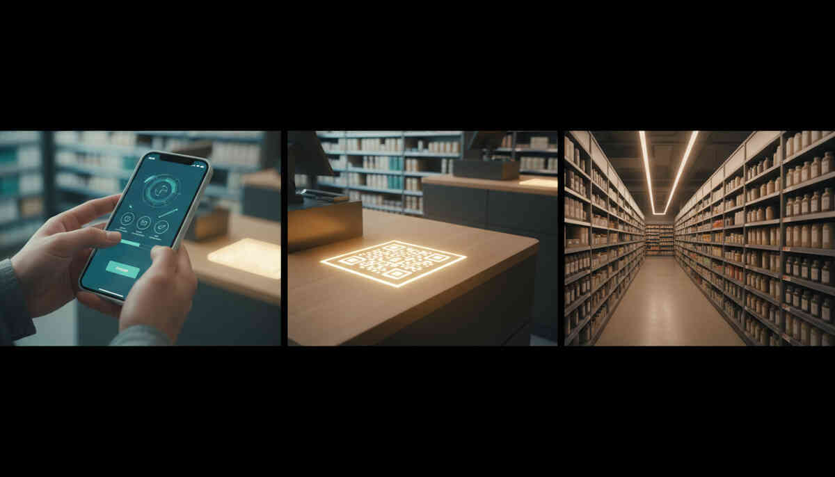 Tap-to-pickup mission sequence—order on phone, scan a glowing QR at the counter, then race down an endless stocked aisle, satisfying momentum with “I’m getting it today” energy
