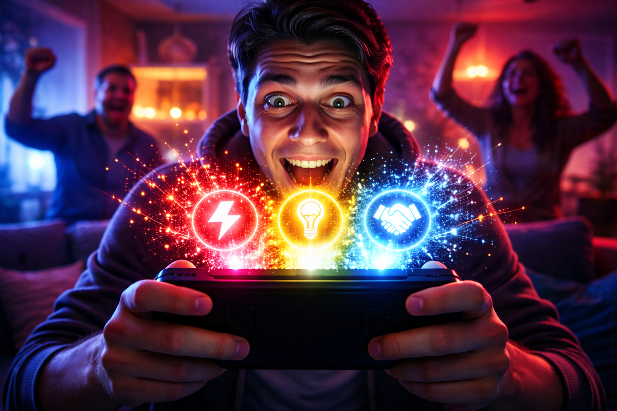 Wide-eyed gamer losing it on the couch—unbranded handheld in a death-grip as neon icons explode (speed, genius ideas, co-op hype), friends screaming in the background, pure dopamine “one more run” chaos