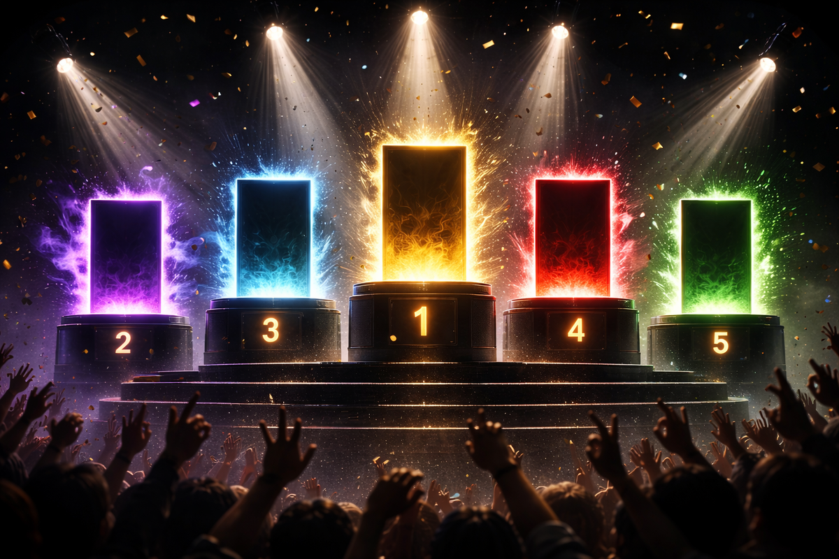 Top-5 indie crowning moment—five glowing podium pillars under spotlights, confetti raining, crowd hands reaching up, “winner vibes” so loud it hurts, instant buy-now adrenaline