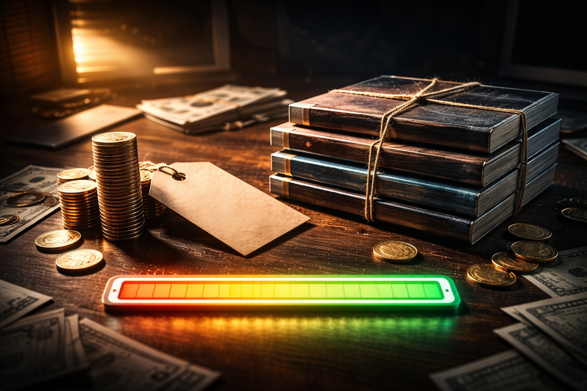 Budget stretch fantasy—coins stacked high, tied bundles of games, blank price tag on a moody desk, a glowing budget meter hitting the edge, frugal victory meets shopping thrill