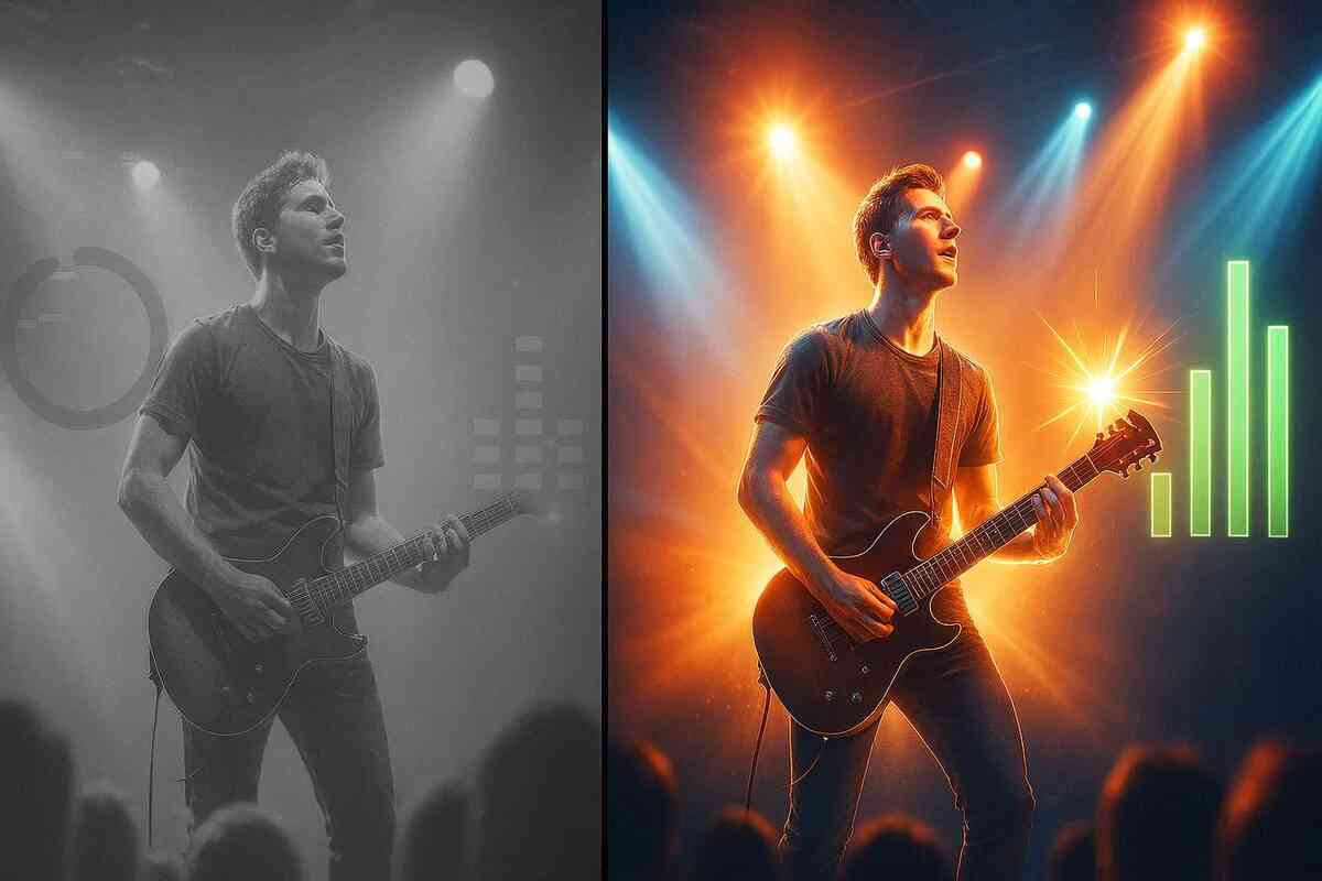 Before-and-after glow-up—guitar hero on stage turning from dull grayscale to blazing spotlight with rising performance bars, goosebumps “it finally runs buttery smooth” power surge