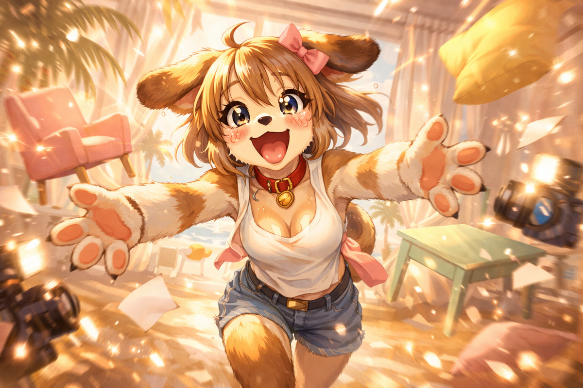 Explosive joyful reunion—cute dog-girl sprinting forward with open arms, sparkles flying through a sunlit room, pure dopamine happiness, chaotic cute energy, instant smile trigger
