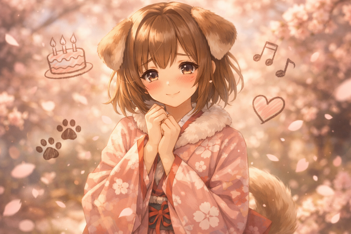 Soft cherry-blossom portrait of a shy dog-girl in kimono, blushing smile with floating hearts and music notes—nostalgic sweetness, cozy anime vibes, emotional comfort core