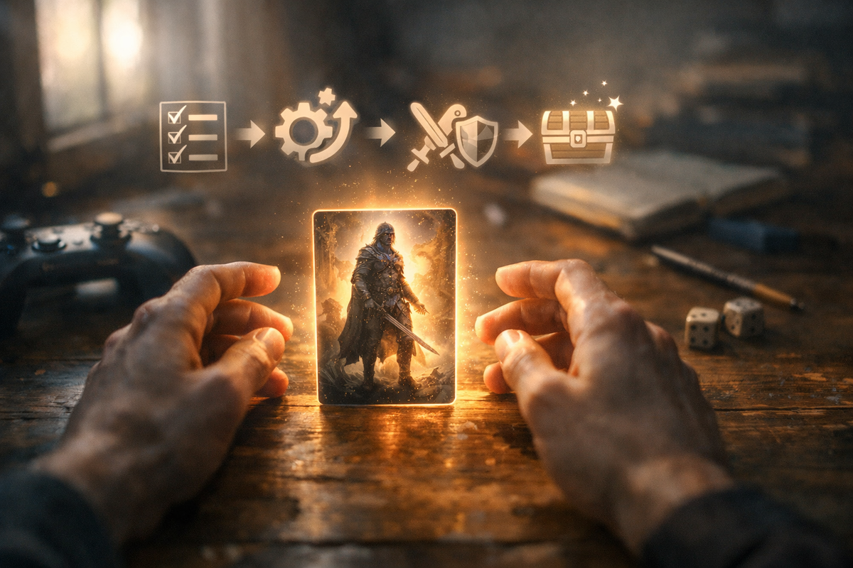 Hands summoning a glowing character card on a wooden desk—golden aura, RPG-style progression icons overhead, addictive gamer ritual, power-awakening moment, cinematic focus