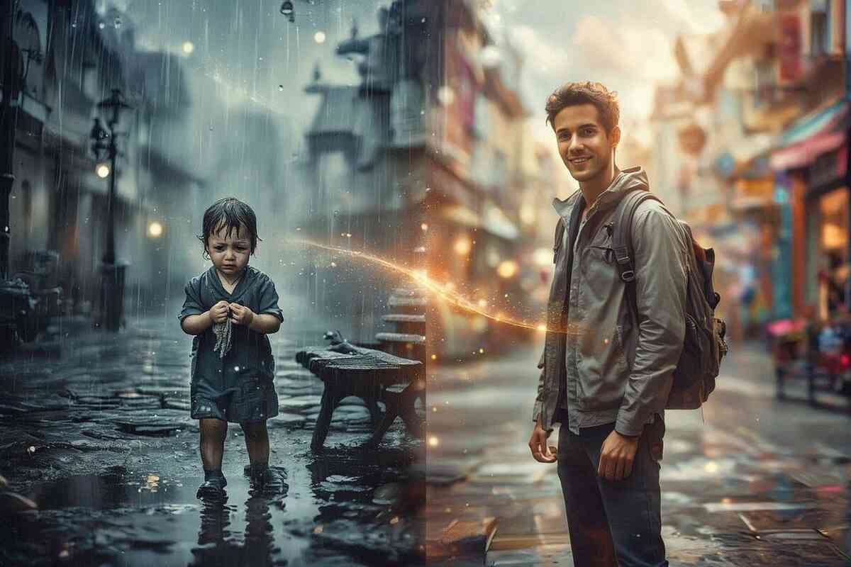 Split-life transformation scene—rain-soaked crying child vs confident smiling traveler, magical light bridge between past and future, deep glow-up emotion, destiny rewrite energy