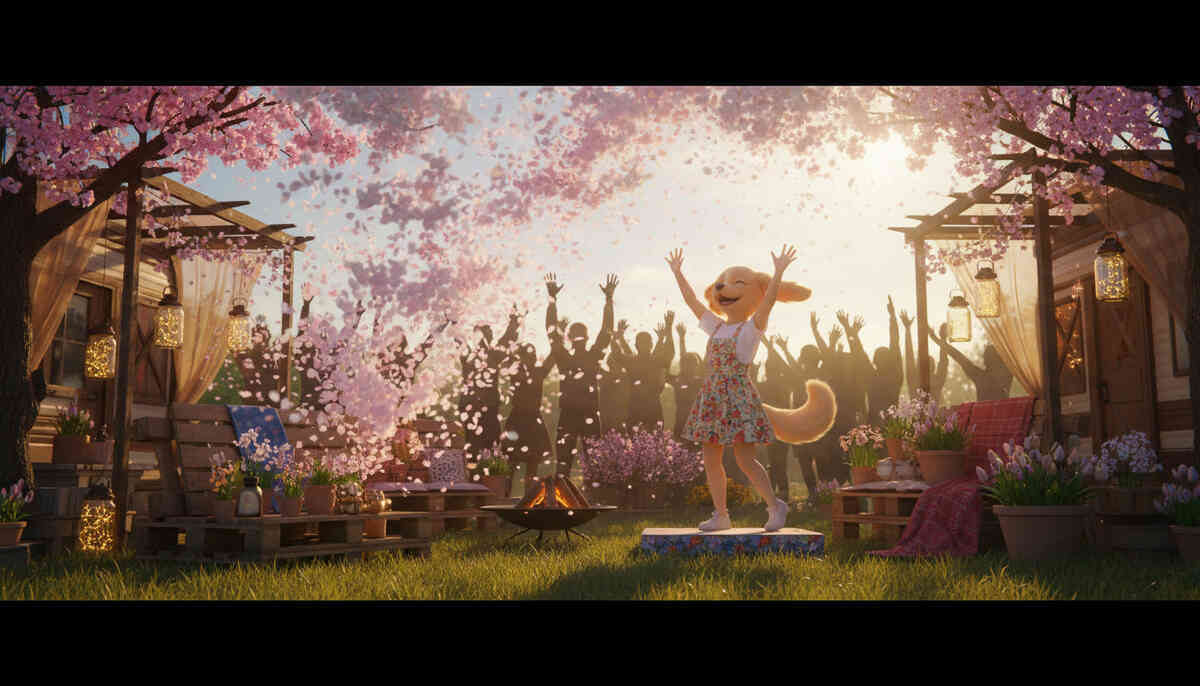 Spring festival explosion—cute dog mascot dancing under cherry blossoms as crowd cheers wildly, warm sunset joy, friendship-core celebration, viral wholesome overload