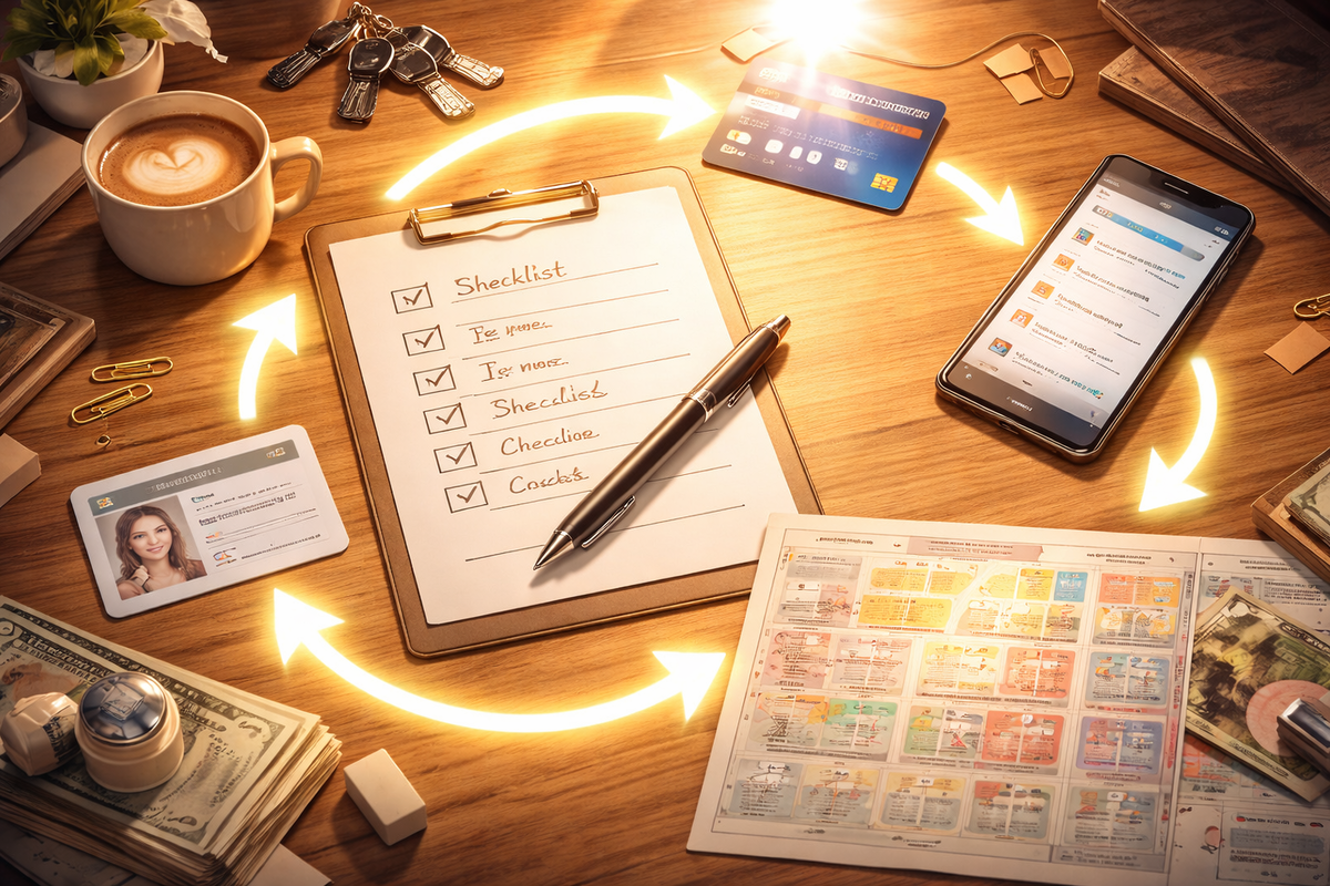 Ultimate purchase prep desk—checklist clipboard, ID, credit card, cash, phone app, and glowing arrows in motion, hyper-focused buyer ritual, money-on-the-line energy, action-ready vibes