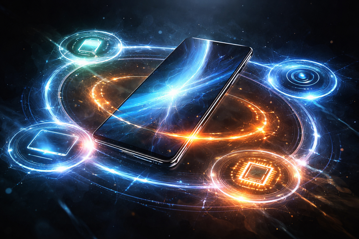 Futuristic flagship phone in orbit—battery, camera, chip, and display powers colliding in electric light trails, raw performance fantasy, next-gen speed obsession
