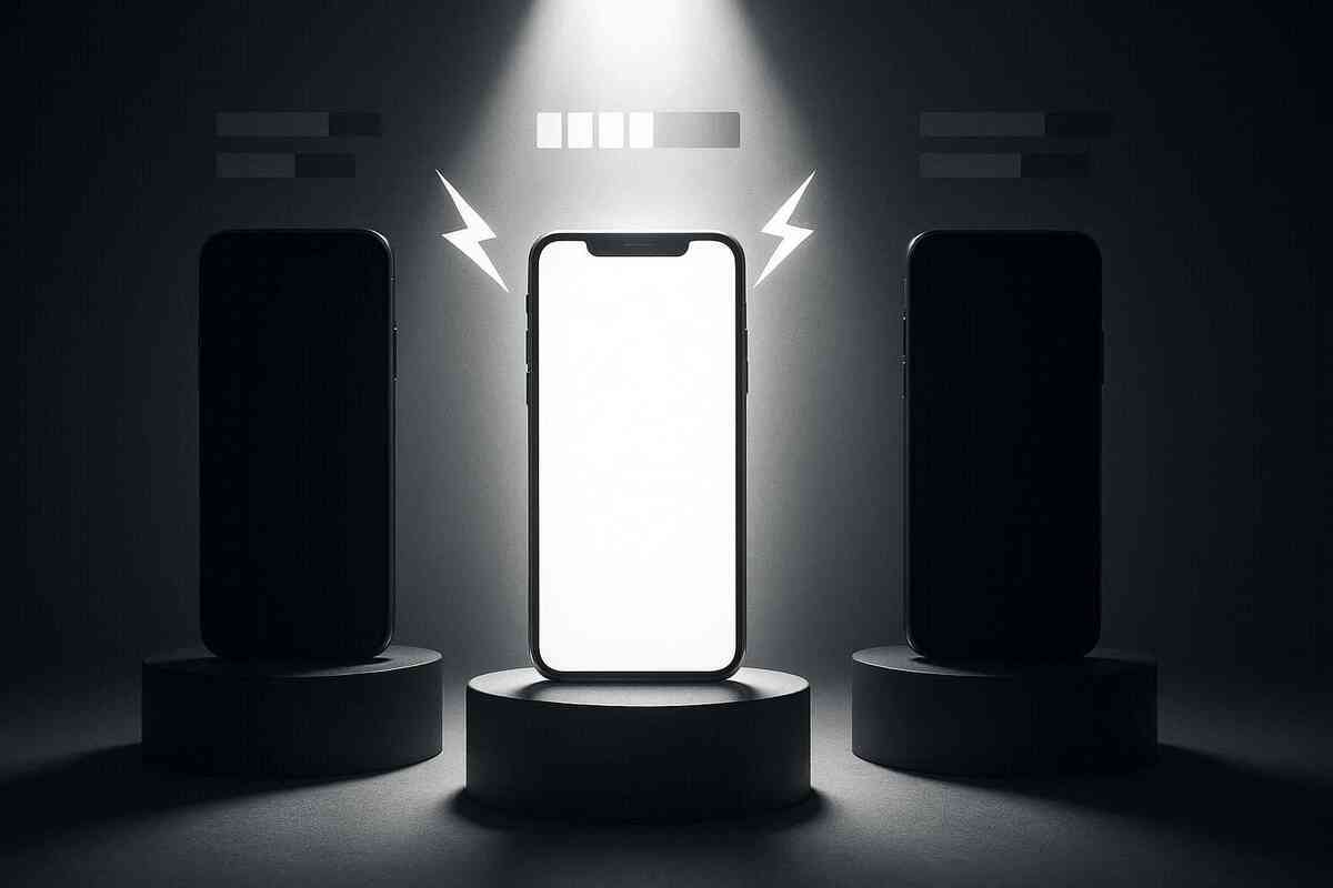 Three smartphones under spotlights—center device blazing brighter as the clear winner, dramatic showdown stage, decision-time tension, flagship-or-fail moment