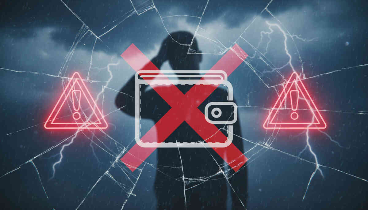 Red warning storm—cracked glass, crossed wallet icon, lightning alerts and stressed silhouette, purchase anxiety overload, regret-prevention visual, danger-before-checkout energy