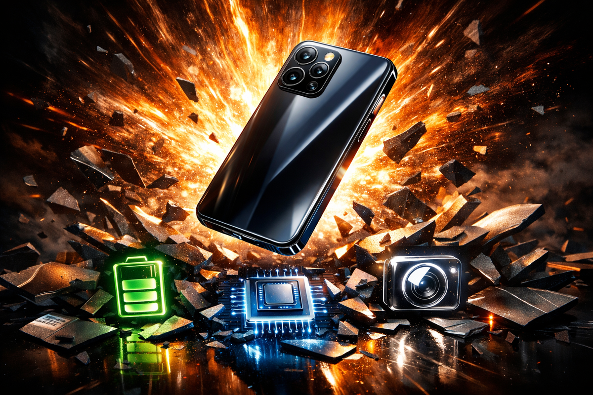 Generic flagship smartphone blasting through fire and debris with glowing battery, chip, and camera icons—unstoppable performance shock, savage power vibes, and explosive upgrade temptation