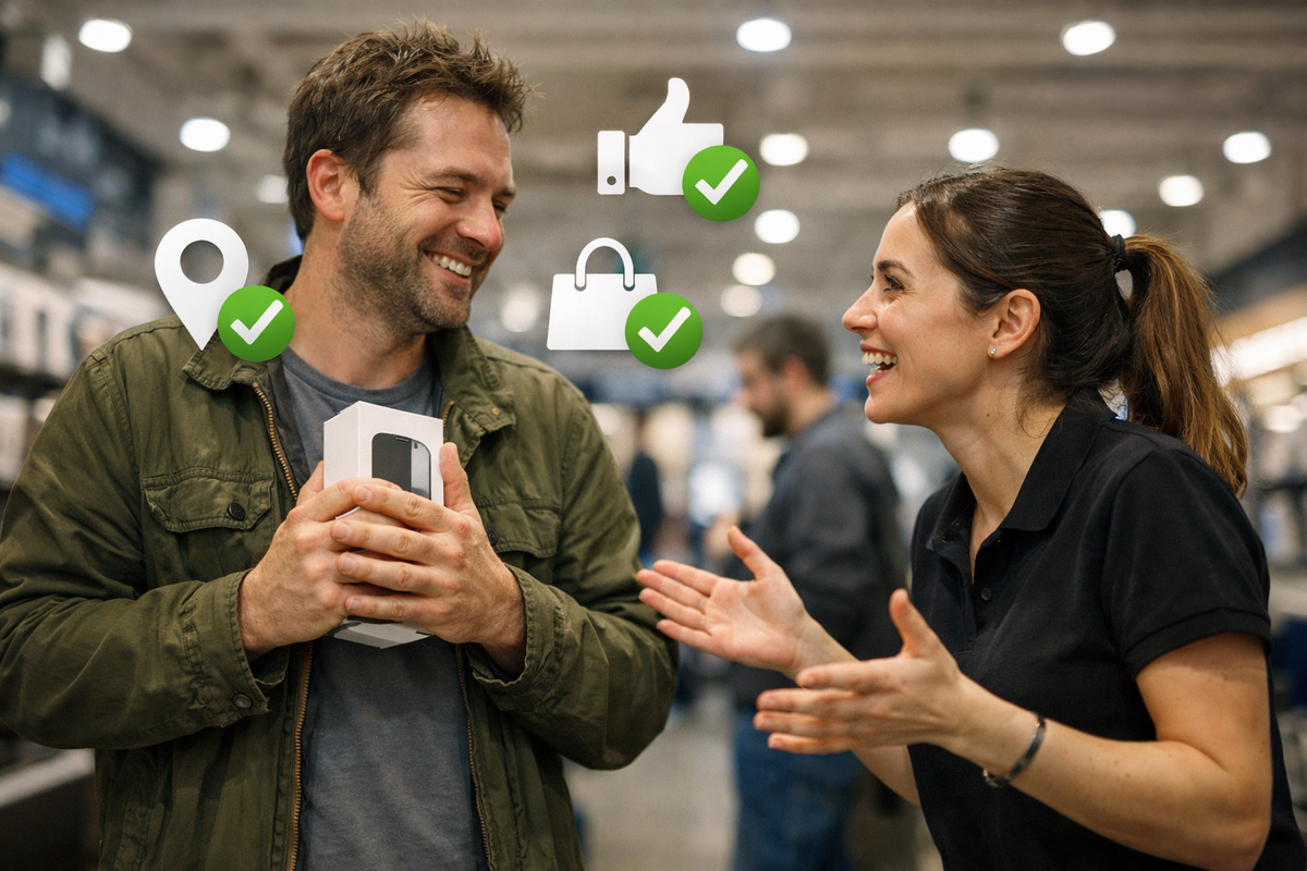 Smiling buyer clutching a fresh smartphone box while friendly staff celebrates—instant purchase joy, trust-filled retail moment, and dopamine-hit satisfaction of scoring the perfect deal
