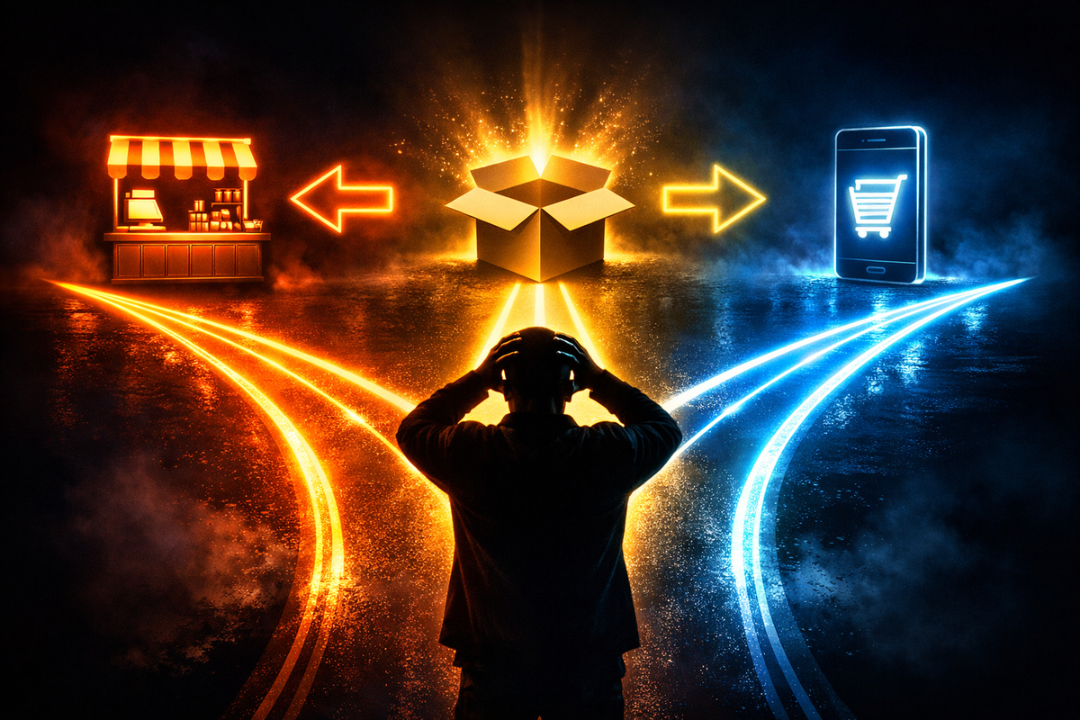 Overwhelmed buyer frozen at a glowing crossroads between store, shipping box, and online cart—decision paralysis, deal-hunting adrenaline, and high-stakes “where should I buy” tension