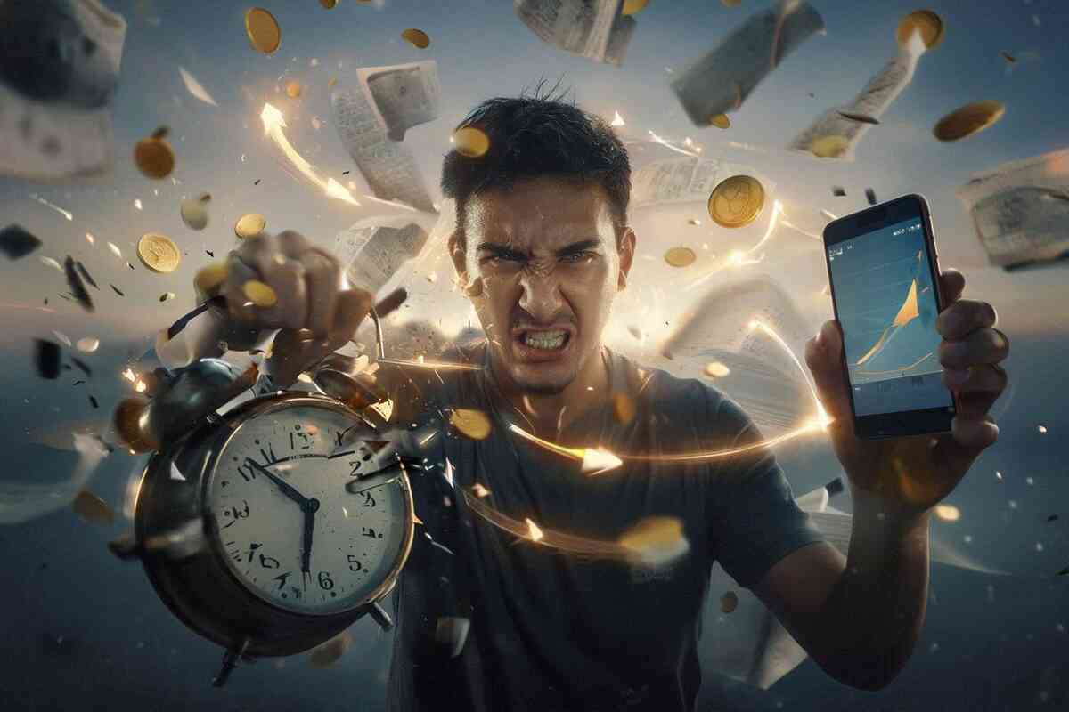 Furious deal hunter smashing an alarm clock while flashing a rising profit chart on his phone—early-bird chaos, money-flying frenzy, and aggressive savings mindset in full action mode
