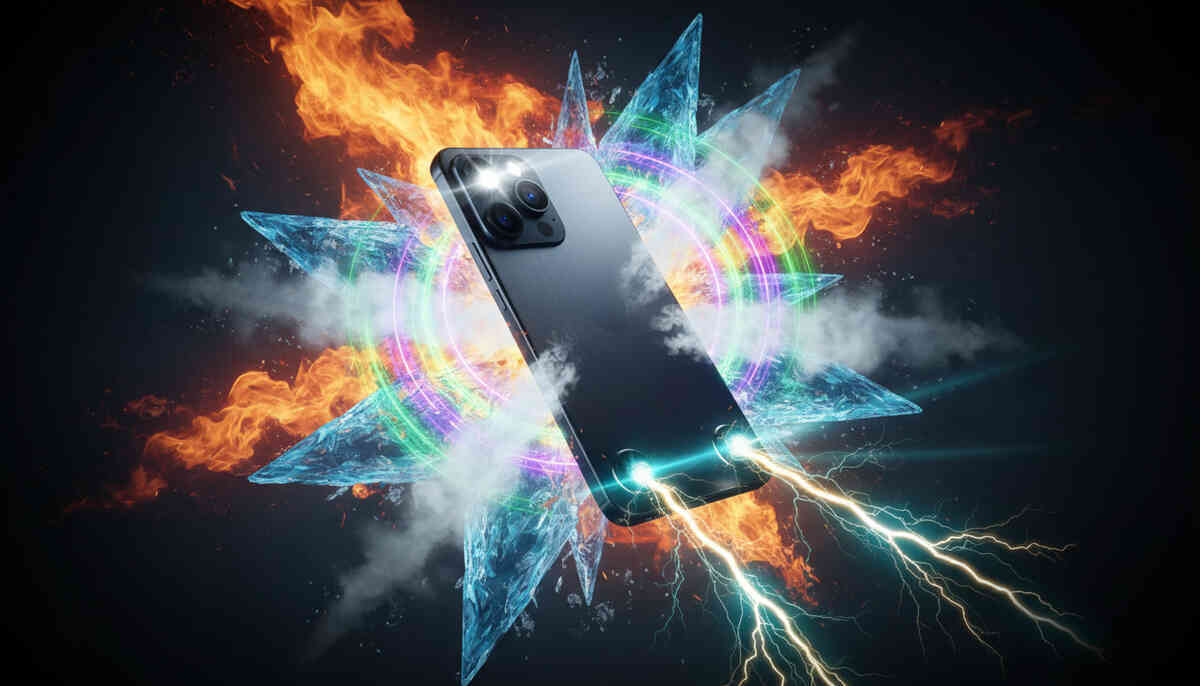 Generic smartphone erupting with lightning, fire, and crystal energy rings—maximum tech hype, future-grade power awakening, and emotional wow-factor screaming flagship dominance