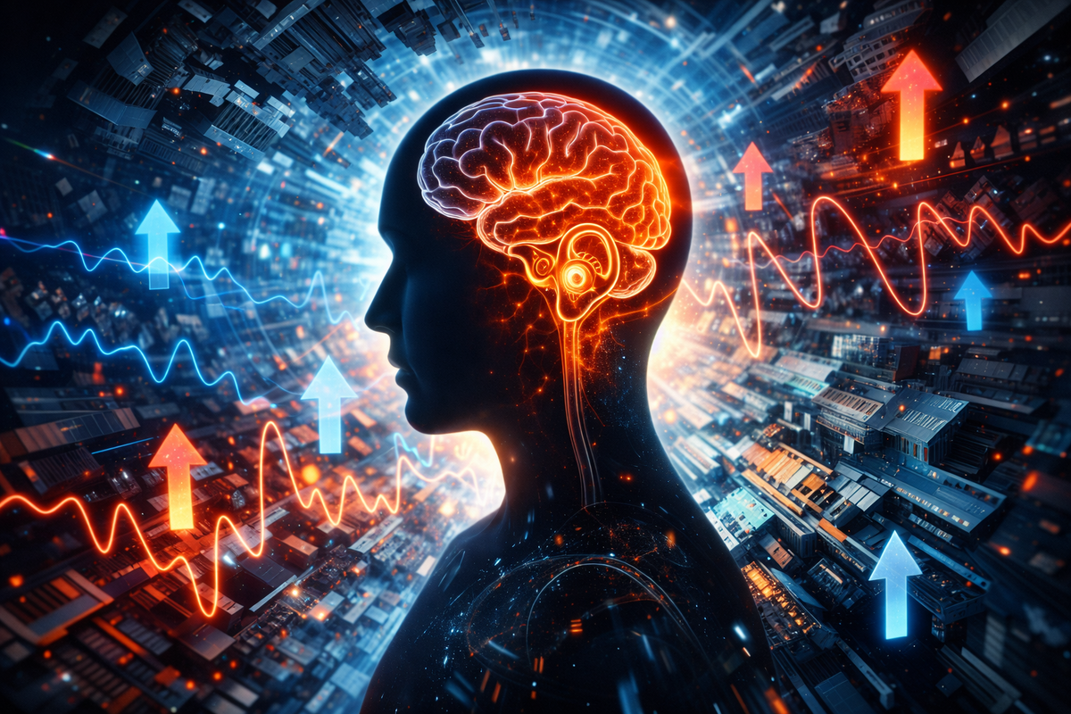 Glowing brain and inner-ear system colliding with rising wave graphs inside a digital city—visual vs balance warfare, cognitive overload, and the hidden science behind brutal game nausea