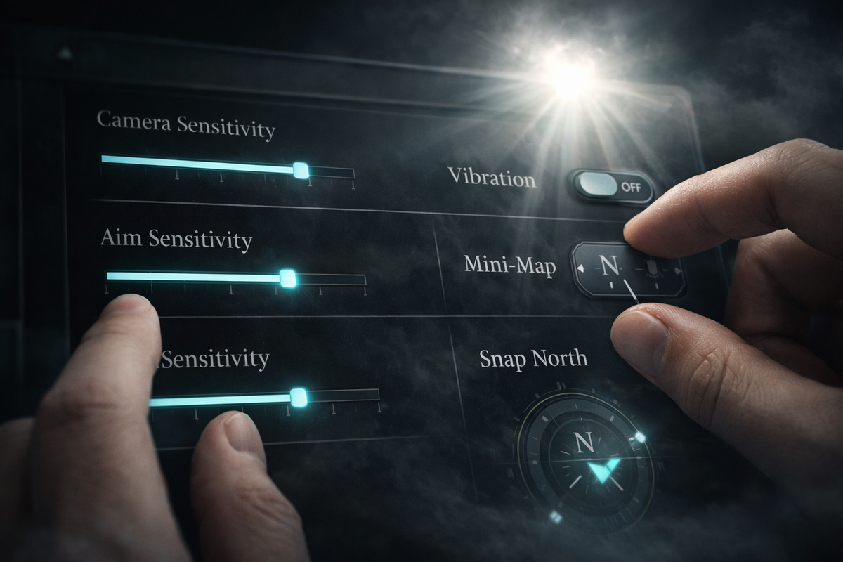 Hands lowering camera sensitivity and switching vibration OFF on a game settings screen—instant control, calming clarity, and the first breakthrough toward motion-sickness relief