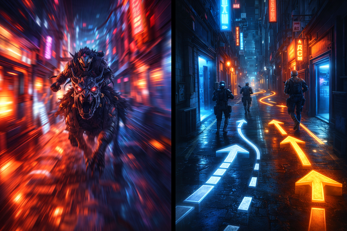 Split scene of high-speed monster chase versus guided city movement paths—chaos vs control, dizzy danger zones contrasted with smart navigation, adrenaline fading into focus