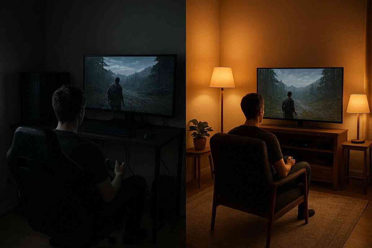 Dark gaming room transforming into a warm, balanced setup—screen distance fixed, lights on, comfort restored—before-and-after healing energy for exhausted players