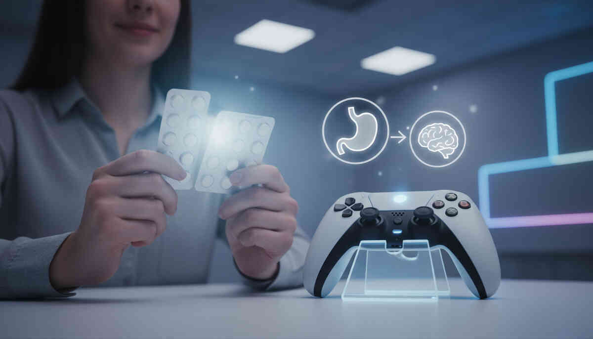 Motion-sickness tablets beside a game controller with stomach-to-brain recovery icons—medical calm meets gaming life, nausea relief hope, and ready-to-play-again confidence