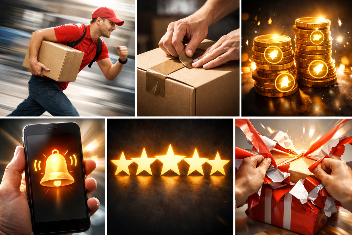 Marketplace advantage collage—speedy delivery sprint, hands sealing an easy return, reward coins stacking, alert bell flashing, five-star trust glow, gift unwrapping burst—comfort meets adrenaline