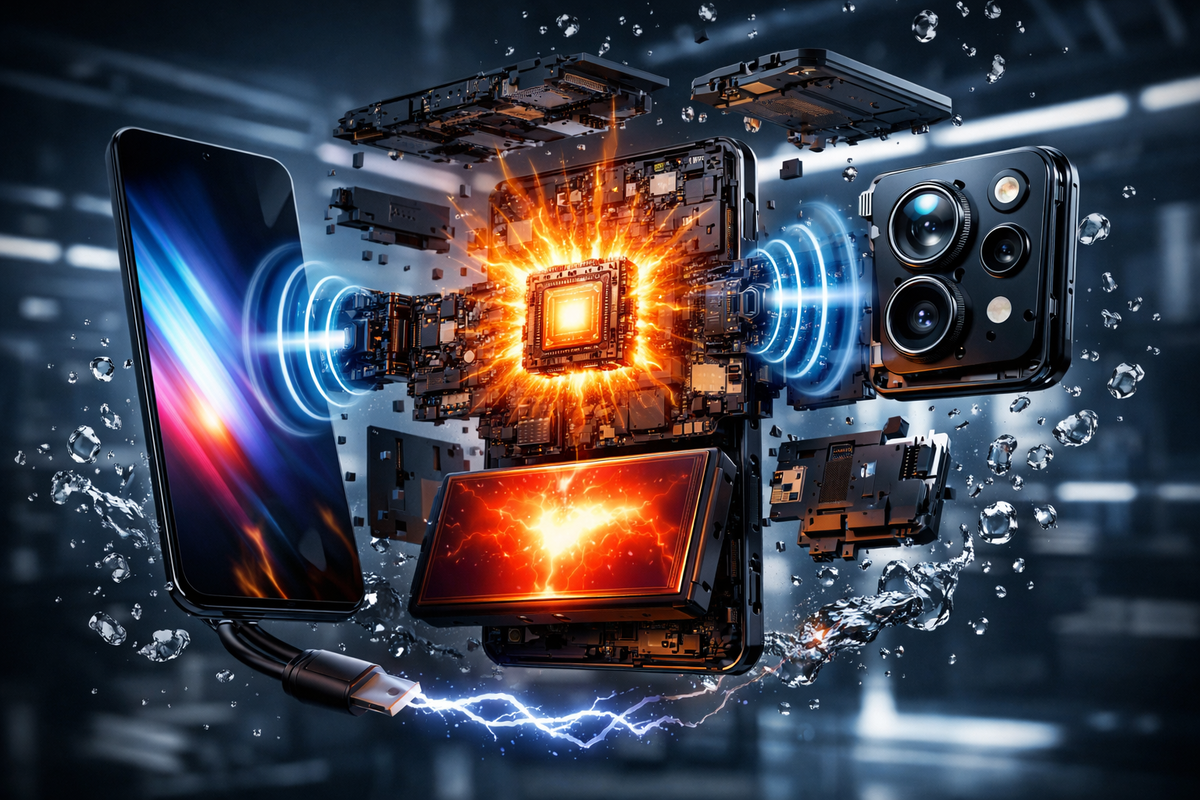 Exploded-view flagship phone with a blazing processor core, thunderbolt fast-charge cable, rippling sound waves, water droplets in midair, camera module shining—pure power fantasy, goosebumps, tech euphoria