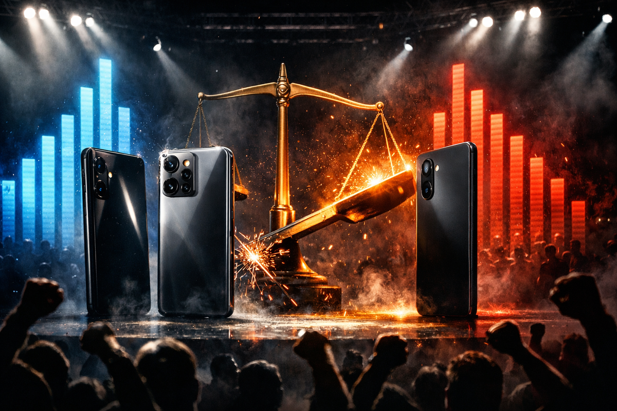 No-mercy value showdown—phones on a dramatic balance scale with blue vs red performance bars, sparks flying, crowd fists raised—tense rivalry, decisive winner energy, “pick the best deal” hype