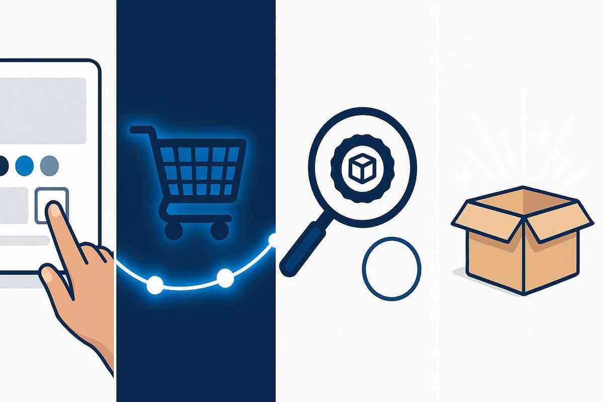 Clean step-by-step buying flow—tap to select, add to cart, magnifier check for authenticity, open box ready to unbox—calm confidence, zero confusion, action-ready momentum
