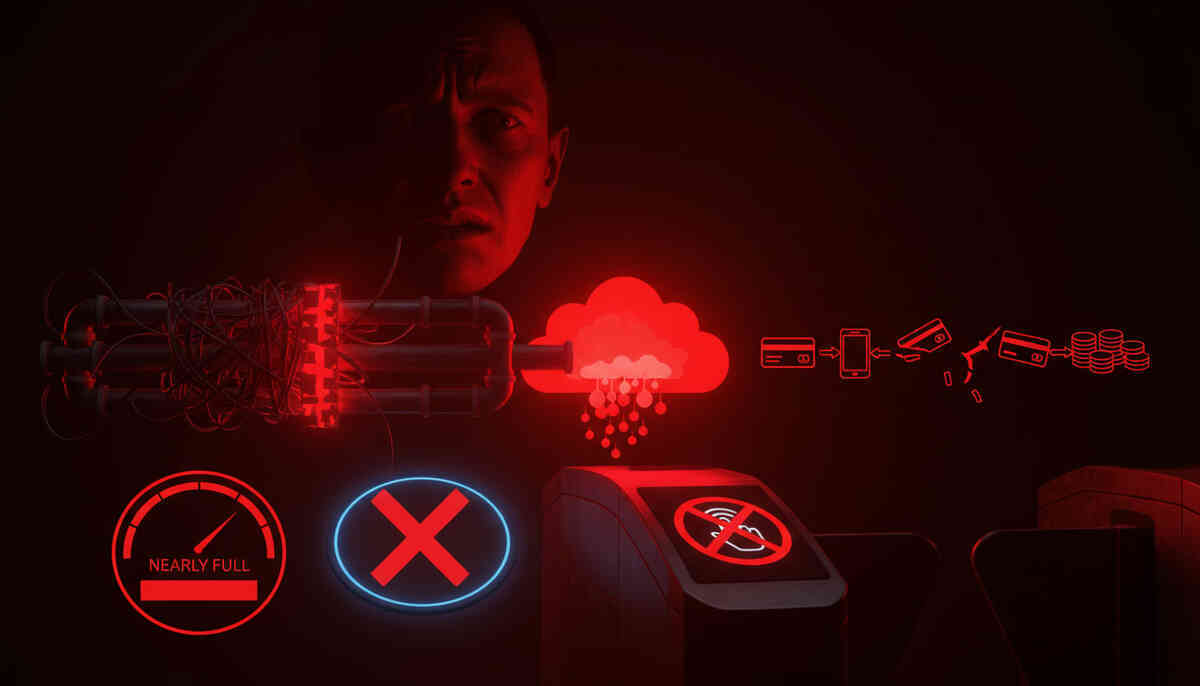 Dark red warning scene—stressed face in shadows, tangled data pipes, stormy cloud icons, nearly-full storage gauge, big X flags, contactless blocked—panic-to-clarity “read before you regret it”