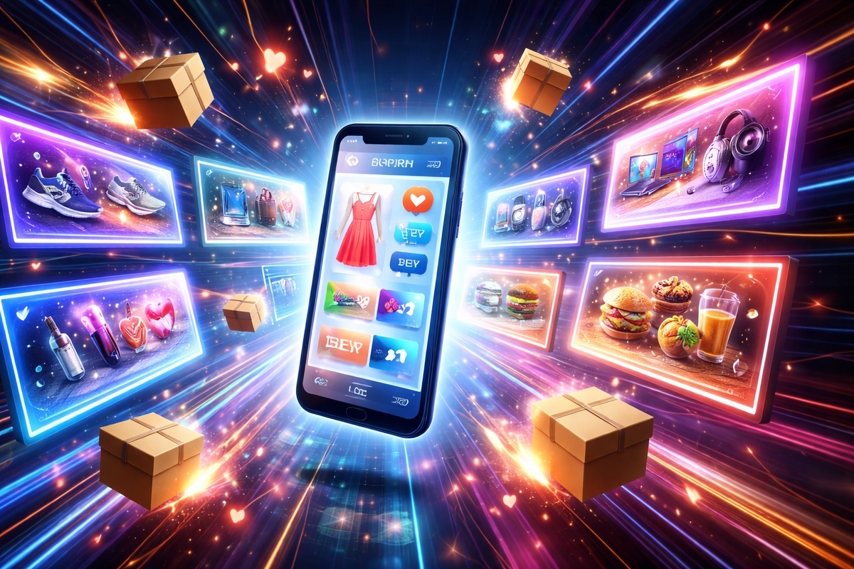 Exploding online shopping universe with a smartphone at the center—flash deals, flying parcels, neon product cards, dopamine rush, addictive digital-buying frenzy and viral e-commerce vibes