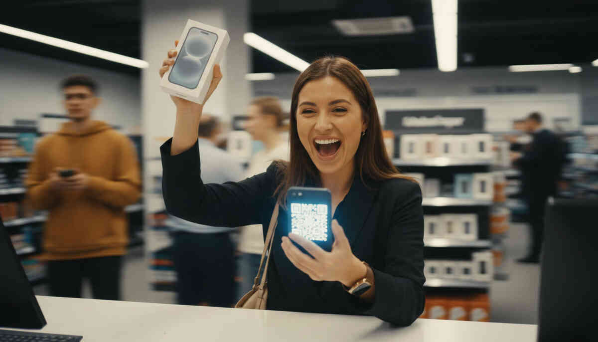Ecstatic woman scanning QR at checkout while raising her new phone box—pure victory, instant gratification, retail adrenaline, and joyful impulse-buy energy inside a modern electronics store