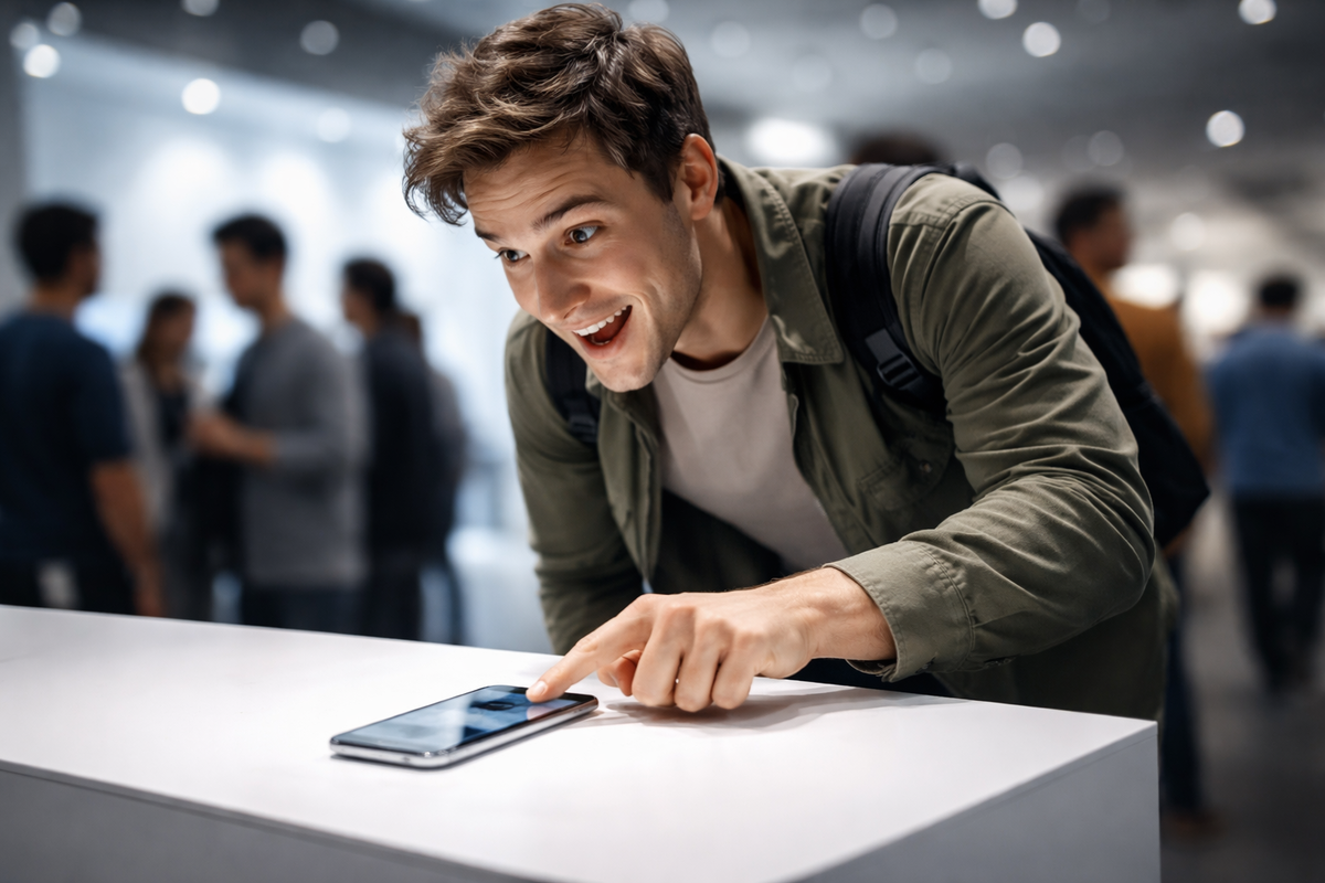 Wide-eyed tech fan leaning over a demo smartphone—hands-on excitement, discovery dopamine, first-touch thrill, and contagious gadget obsession in a crowded showroom