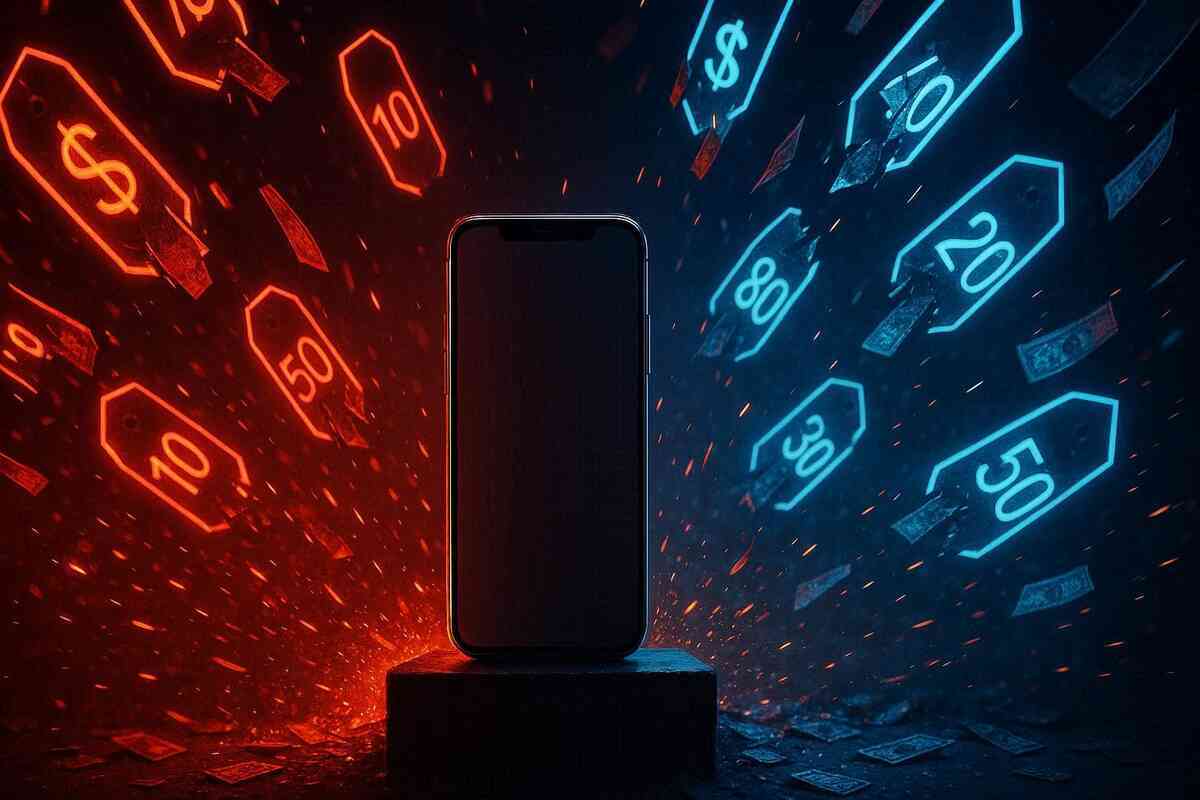 Smartphone on pedestal surrounded by crashing price tags—intense red-vs-blue discount battle, money sparks flying, dramatic savings showdown, ultimate deal-hunting tension