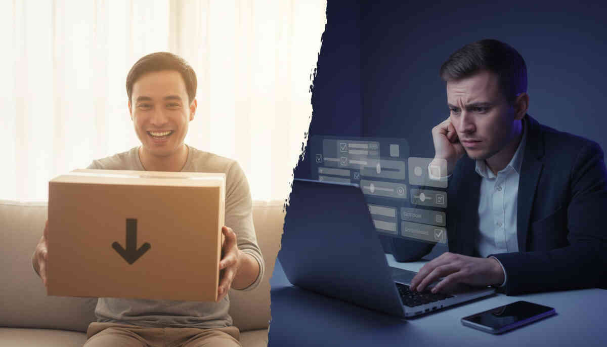 Split-screen emotion: happy buyer hugging delivery box versus stressed man staring at laptop—online shopping highs and lows, instant joy meets checkout anxiety, raw consumer reality