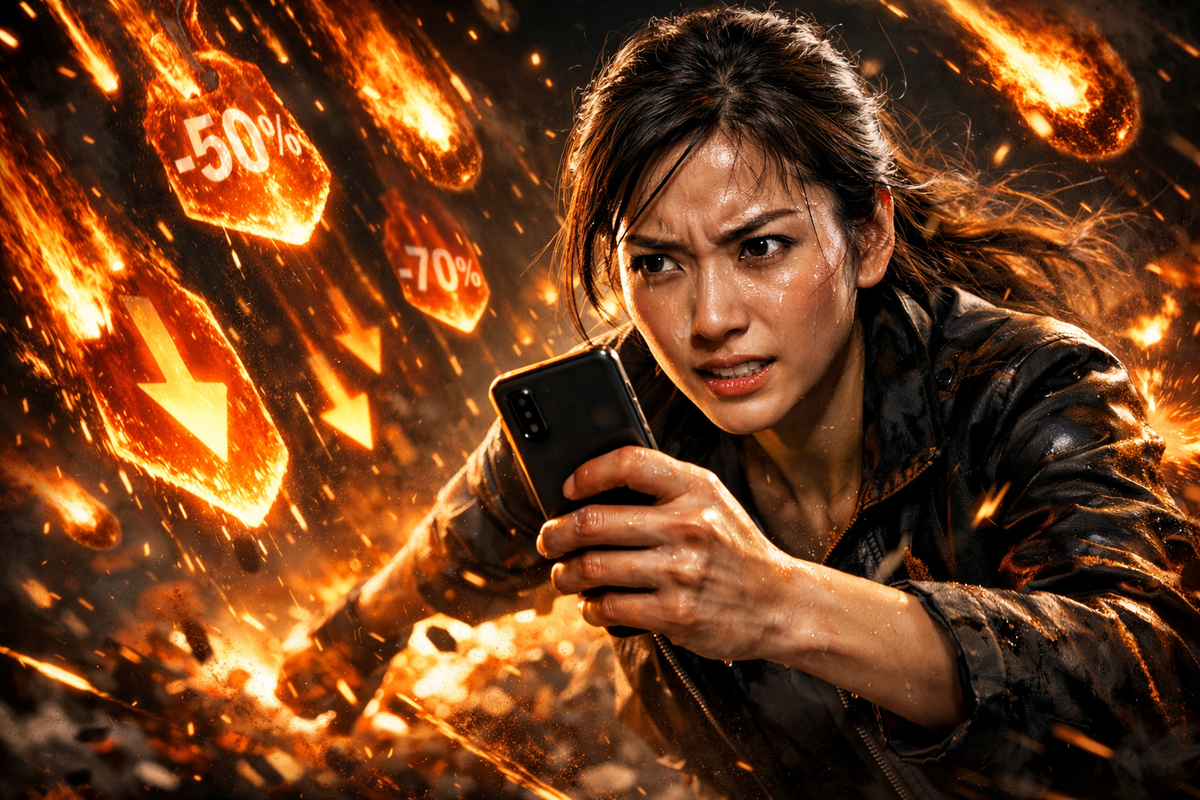 Intense in-store showdown: green “available” vs red “blocked” phone icons collide in sparks while a frustrated shopper clenches fists—buy-or-miss drama, raw scarcity panic, high-stakes purchase moment