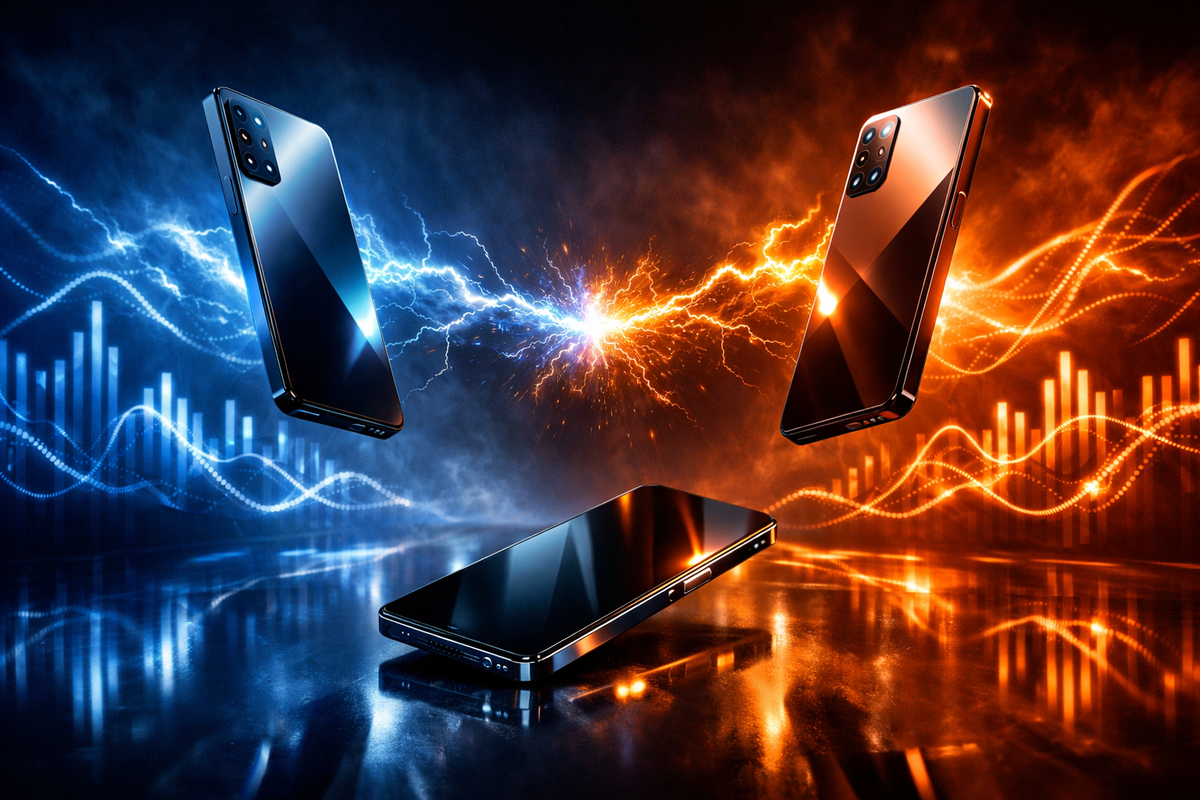 Sweat-soaked bargain warrior gripping her phone as flaming -50% and -70% discounts rain from the sky—price crash chaos, survival-mode shopping, adrenaline-fueled deal chase