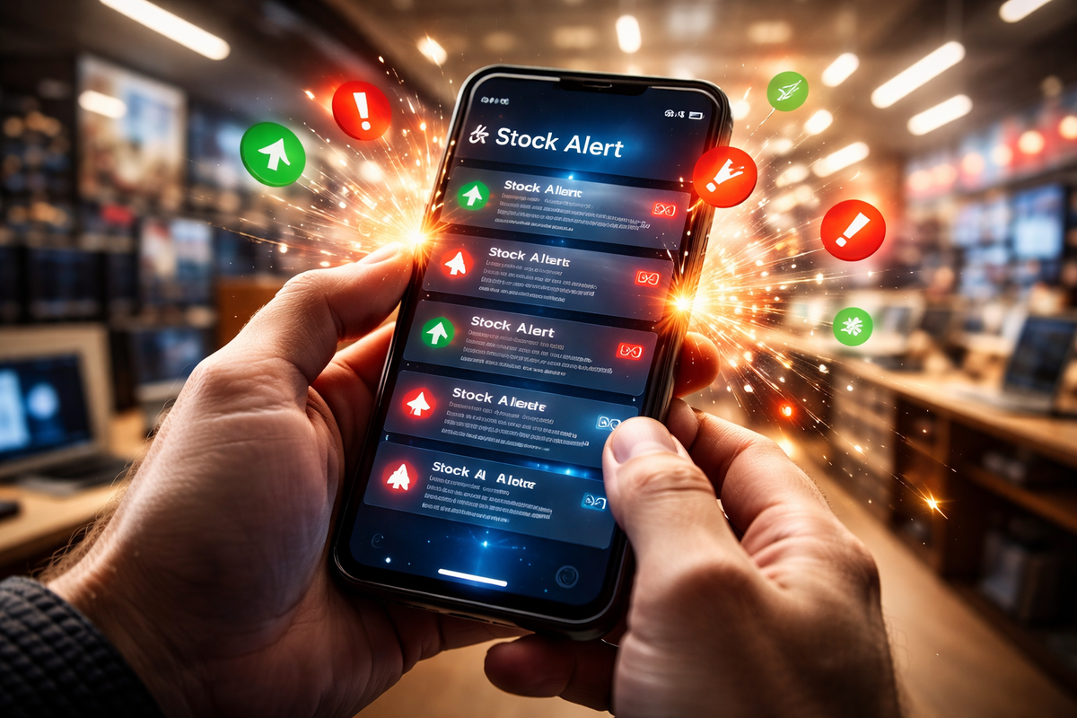 Hands gripping a phone flooded with stock alerts and flashing icons—heartbeat racing, urgency overload, and the brutal thrill of catching restock in real time