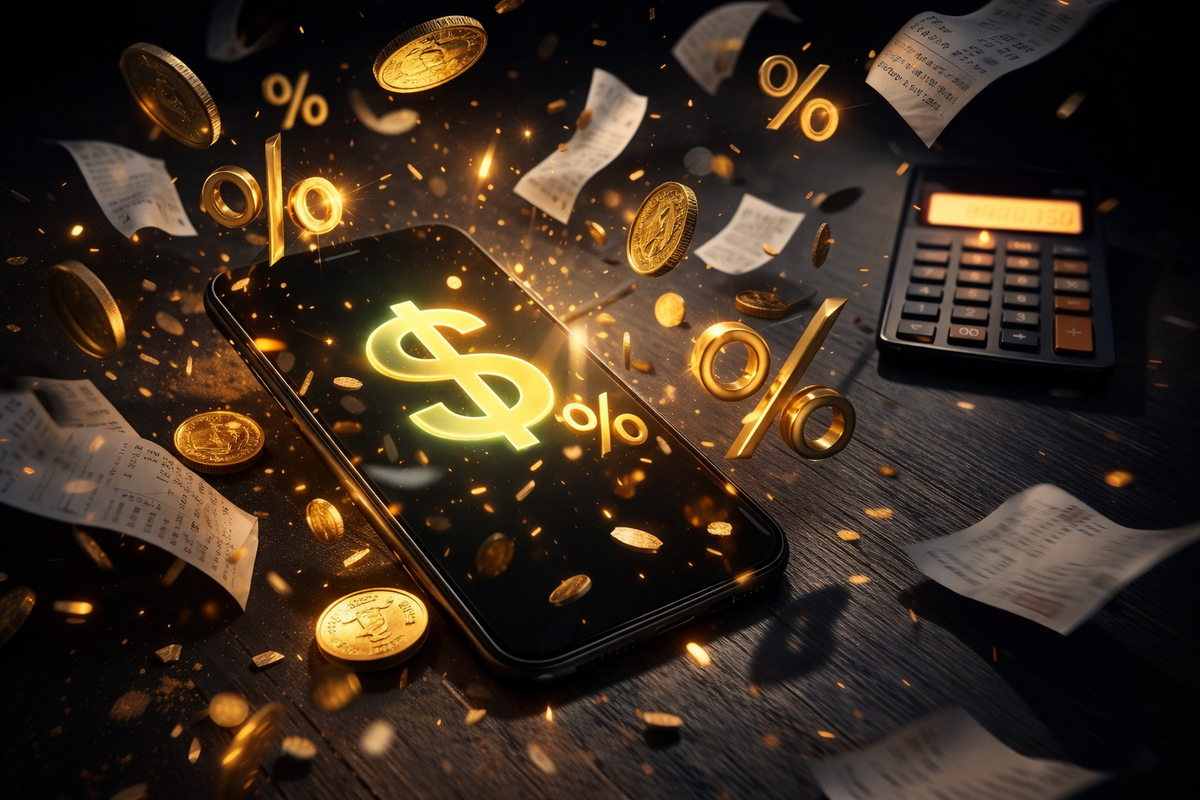 Smartphone buried in flying coins, receipts, and glowing percent symbols beside a calculator—savage savings energy, price-hunting obsession, and pure deal-winning euphoria