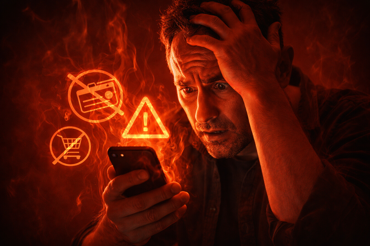 Stressed buyer staring at a phone surrounded by fiery warning icons—payment blocked, cart failure, and gut-punch regret wrapped in red-hot panic